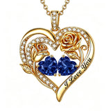 14K Gold Plated Double Heart Birthstone Rose Pendant Necklace for Women