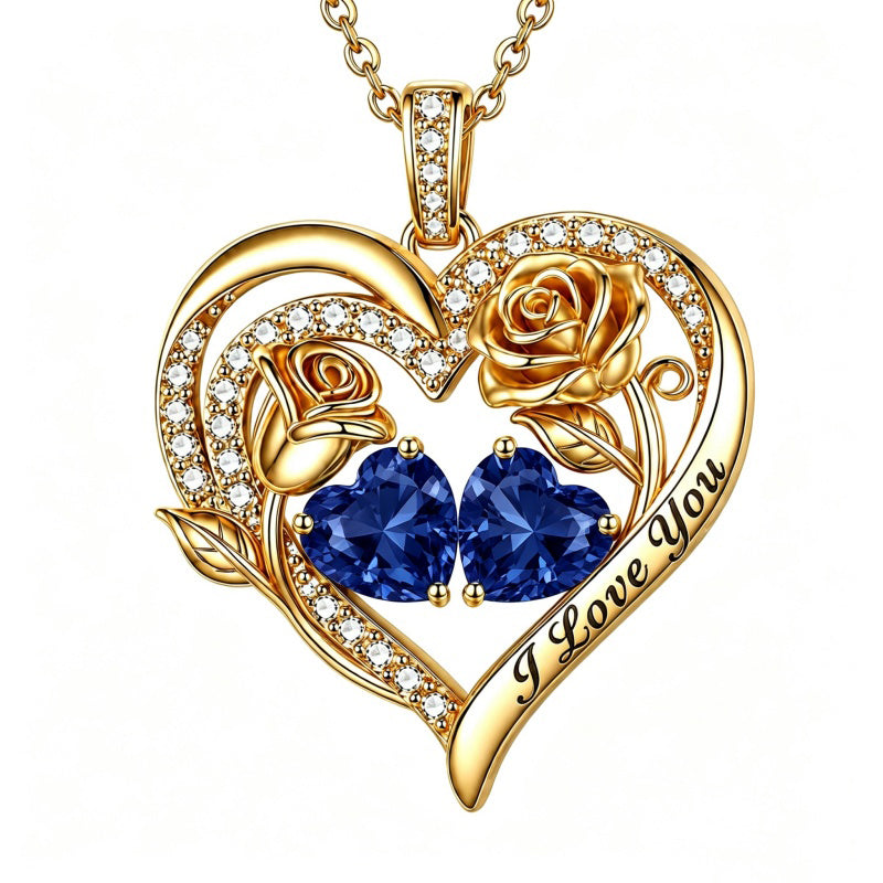 14K Gold Plated Double Heart Birthstone Rose Pendant Necklace for Women