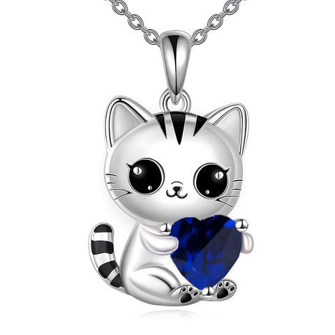 Silver Cat 12 Month Birthstone Pendant Necklace