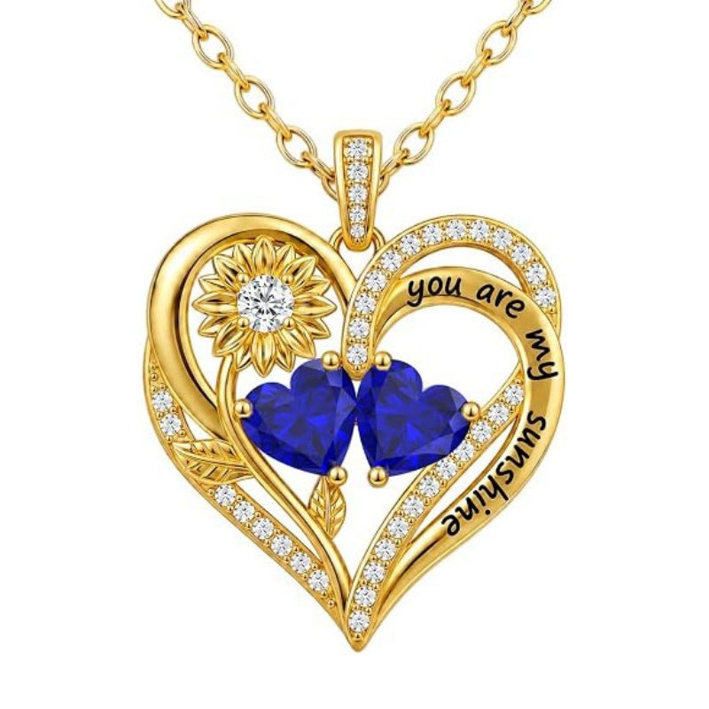 Double Birthstone Necklace 14K Gold Plated You Are My Sunshine Sunflower Necklace Heart Pendant Necklace