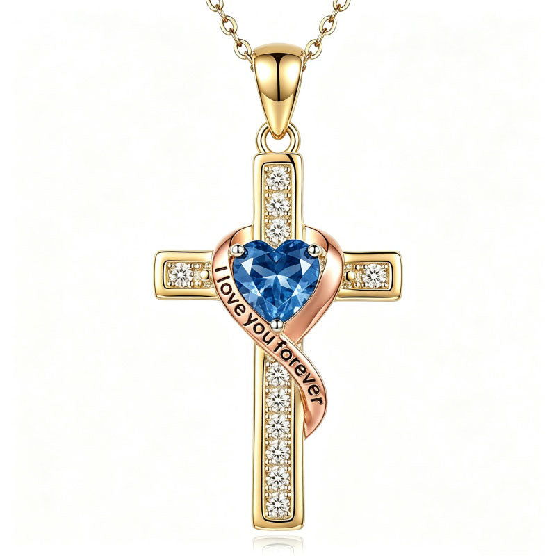 14K Gold Plated  Birthstone Cross Necklace Engraved I Love You Forever