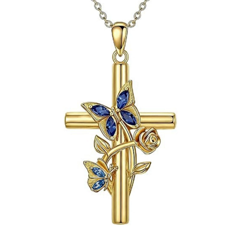 Birthston Butterfly Rose 14K Plated Gold Cross Pendant Necklace for Women