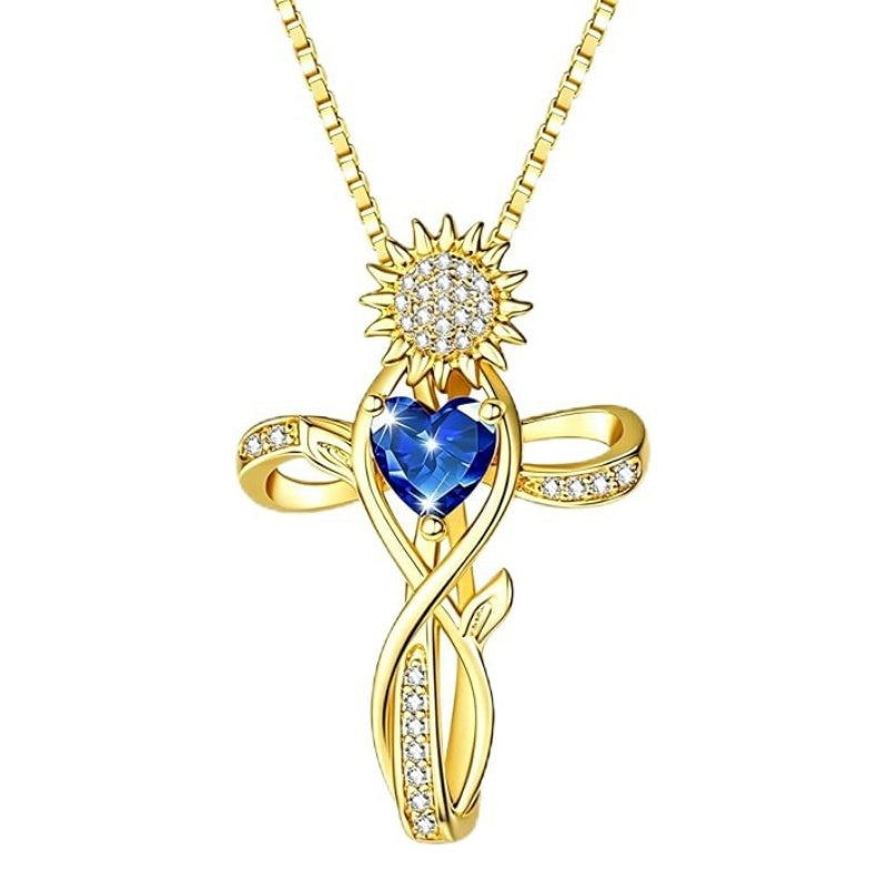 14K  Gold Plated 12 Color Birthstone Sunflower Cross Pendant  Necklace for Women Faith Cross Jewelry