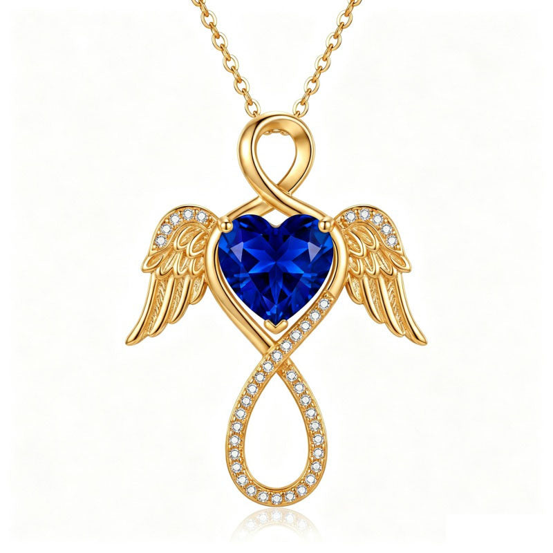 14K Gold Plated 12-Month Birthstone Infinity Angel Wings Pendant Necklace for Women