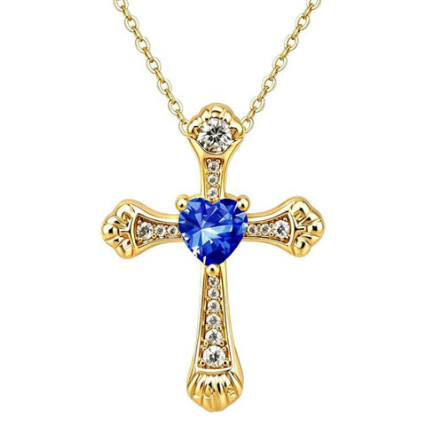14K Gold Plated Heart Cut Cubic Zirconia Cross  Pendant Necklace For Women Religious Faith Jewelry