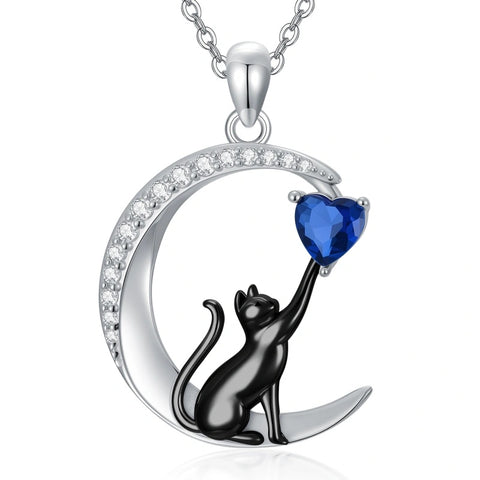 Sterling Silver Heart Birthstone Cat Pendant Necklace