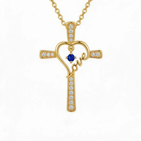 14K Gold Plated  Birthstone  LOVE Heart Cross Necklace for Women Faith Jewelry