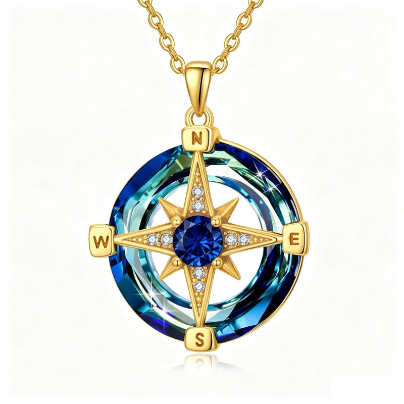 14K Gold Plated Crystal Compass Pendant Necklace Graduation Jewelry Inspirational Travel Valentine's Day Gift