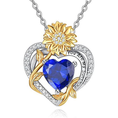 Sterling Sliver Birthstone Love Heart & Sunflower Pendant Necklace Engraved With You Are My Sunshine