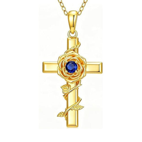 Birthstone Cross 14K Gold Plated Pendant Rose Cross Necklace for Women
