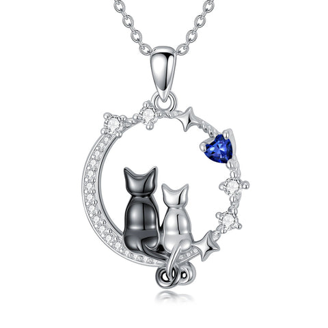 Sterling Silver Cubic Zirconia Two Cats Pendant Necklace