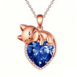 Sterling Silver Heart Birthstone Cat Pendant Necklace
