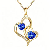 14K Gold Plated Double Heart Birthstone Necklace Anniversary Birthday Gifts