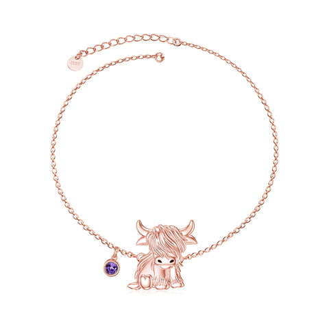 Sterling Silver Birthstone Highland Cow Single Layer Anklet