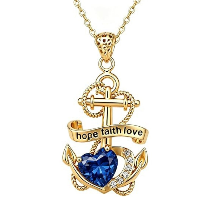 14K Gold Plated Heart Birthstone Anchor Necklace Engraved with Hope Faith Love