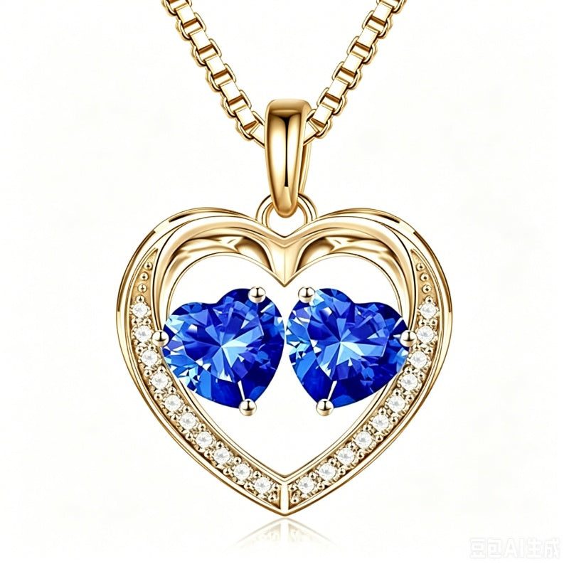 14K Gold Plated Double Heart Birthstone Necklace Anniversary Birthday Gifts for Women