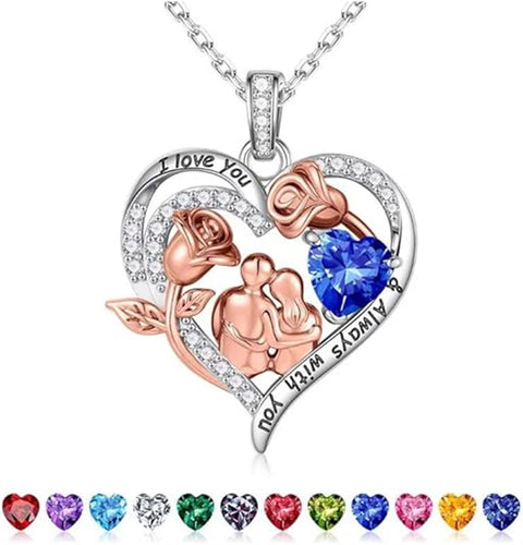 Sterling Silver Heart Birthstone Couple Hugging Necklace for Women Valentine's Day Gift