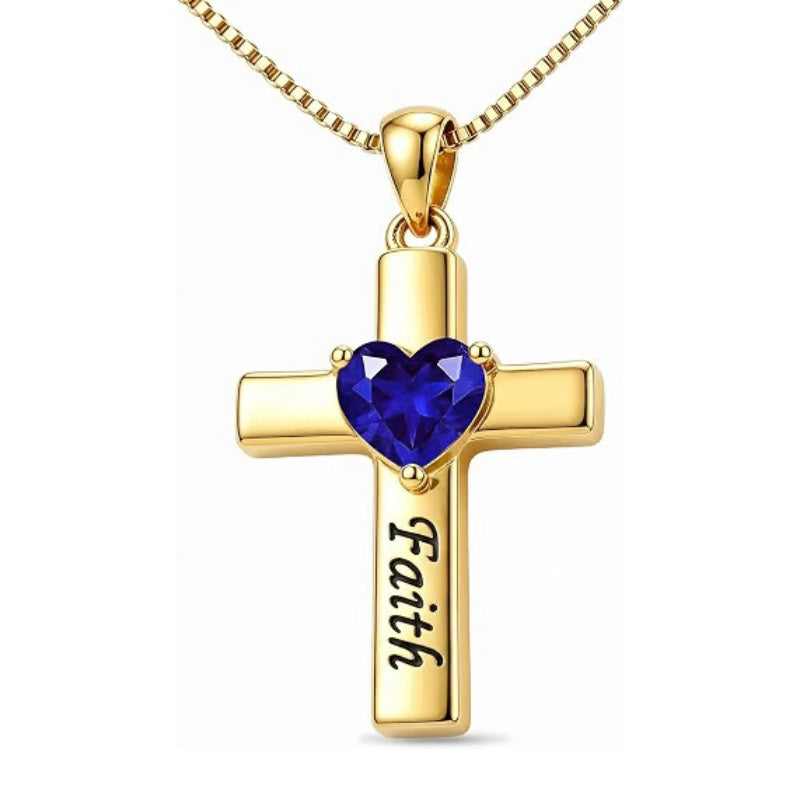 14K Gold Plated Heart Birthstone Cross Necklace for Women Engraved with Faith
