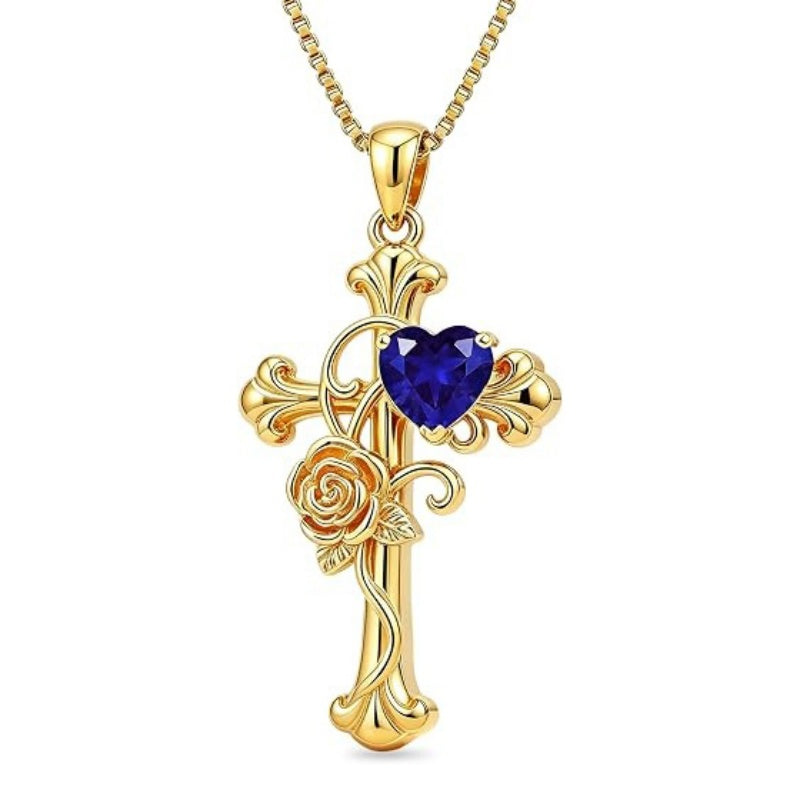 14K Gold Plated Heart Shape Birthstone Rose Flower Cross Necklace for Women  Religious Christian Jewelry