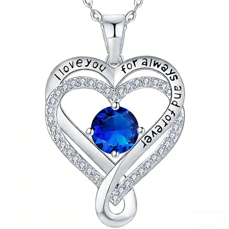Sterling Silver 12 Month Birthstone Double Heart Pendant Necklace  Engraved with I Love You for Always and Forever