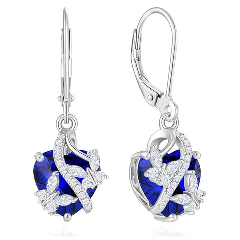 Sterling Silver Heart Birthstone Butterfly Leverback Earrings