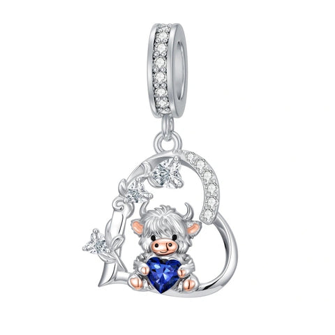 Sterling Silver 12 Month Birthstone Highland Cow Charm Beads