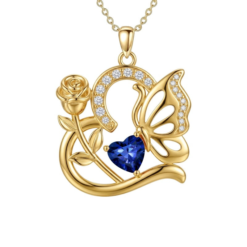 14K Gold Plated Heart Birthstone Rose Mom Butterfly Pendant Necklace for Women
