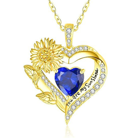 Sterling Sliver Birthstone Love Heart & Sunflower Pendant Necklace Engraved With You Are My Sunshine
