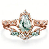 Sterling Silver 2CT Moss Agate  Engagement Wedding Ring Sets for Women