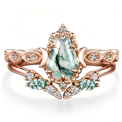 Sterling Silver 2CT Moss Agate  Engagement Wedding Ring Sets for Women
