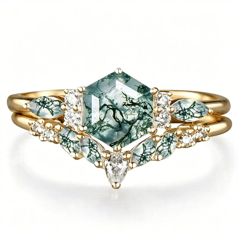 Sterling Silver 2CT Moss Agate  Engagement Wedding Ring Sets for Women