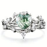 Sterling Silver 2CT Moss Agate  Engagement Wedding Ring Sets for Women