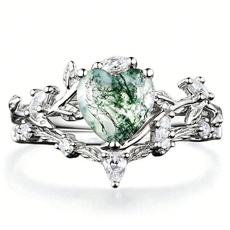 Sterling Silver 2CT Moss Agate  Engagement Wedding Ring Sets for Women