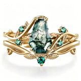 Sterling Silver 2CT Moss Agate  Engagement Wedding Ring Sets for Women