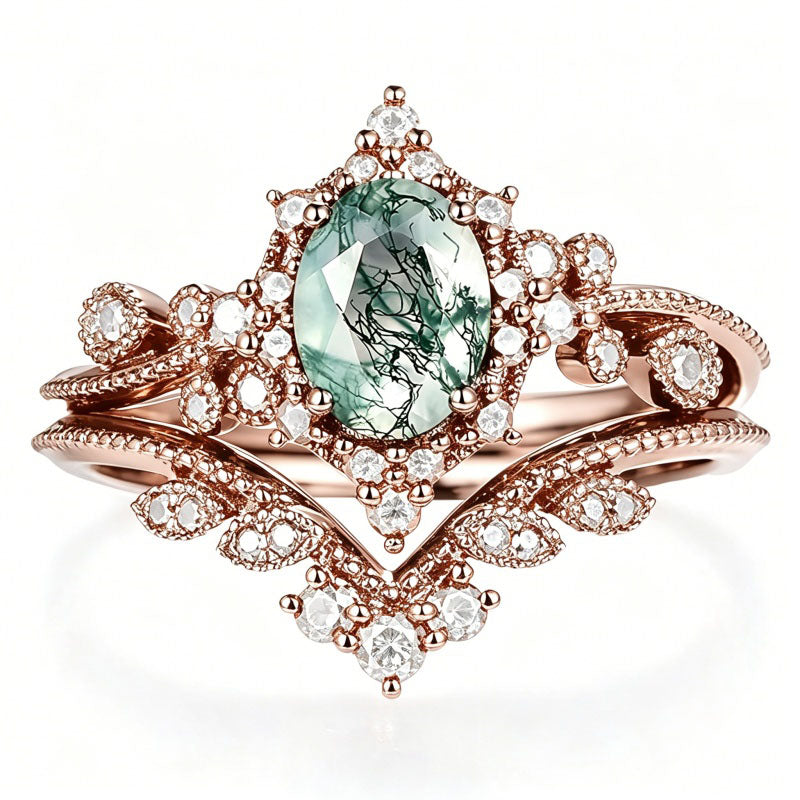 Sterling Silver 2CT Moss Agate  Engagement Wedding Ring Sets for Women