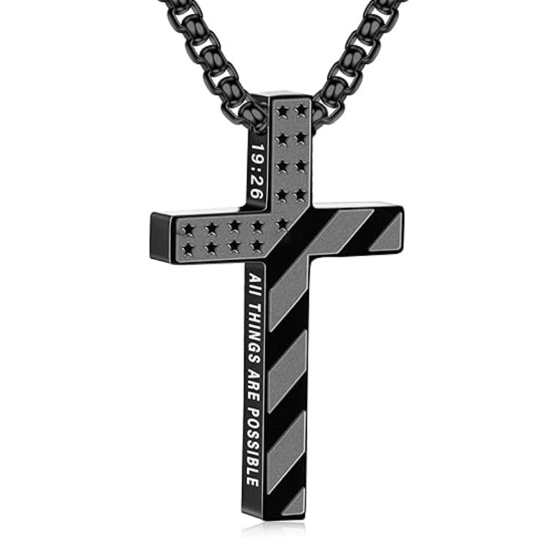 14K Gold Plated Bible Verse American Flag Cross Necklac for Men