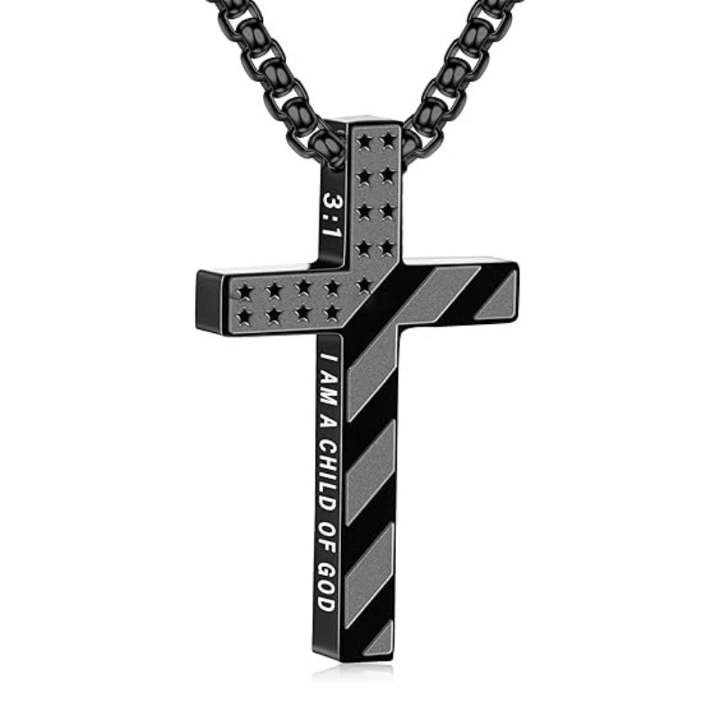 14K Gold Plated Bible Verse American Flag Cross Necklac for Men
