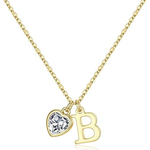 14K Gold Plated Initial A-Z Heart Birthstone Letter Necklace