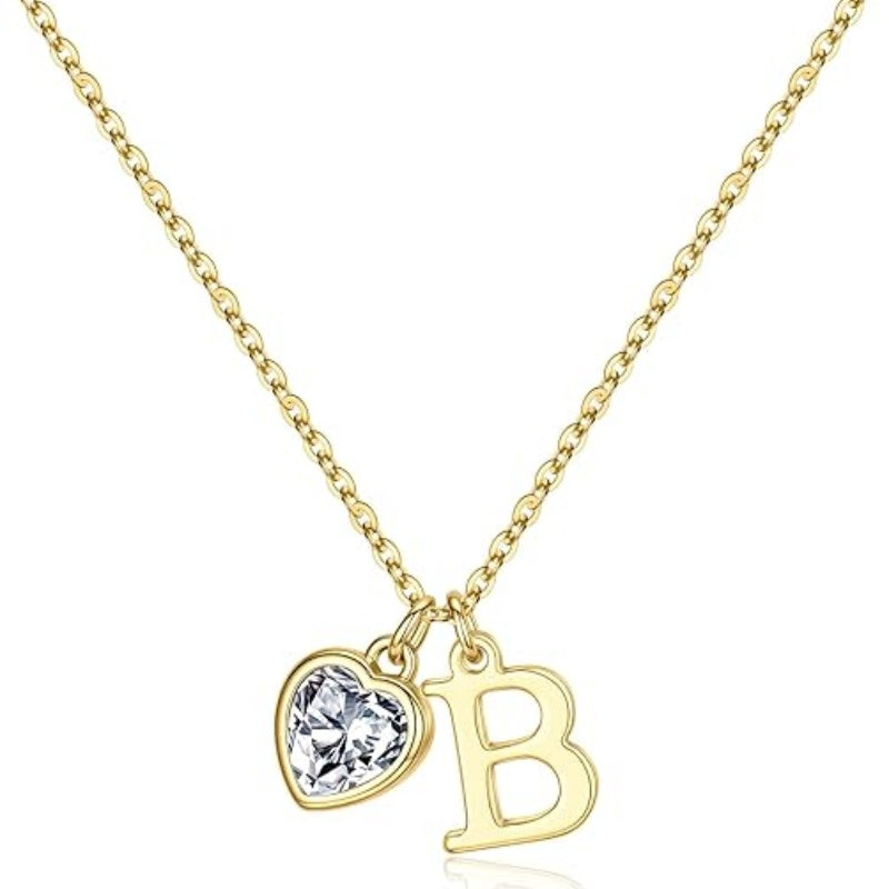 14K Gold Plated Initial A-Z Heart Birthstone Letter Necklace