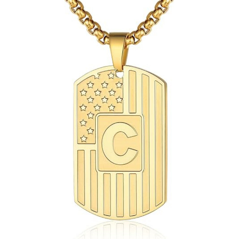 14K Gold Plated Initial A-Z American Flag Dog Tag Necklace for Men