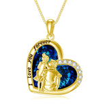 10K 14K 18K Yellow Gold Heart Blue Crystal Father Daughter Necklace Engraved with I Love You Forever