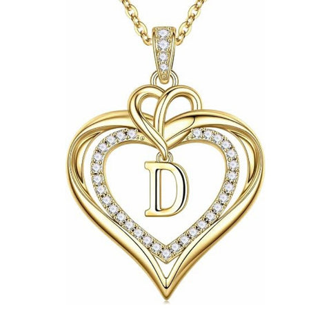 14K Gold Plated Initial Double Heart Pendant Necklace Anniversary Birthday Gifts for Women