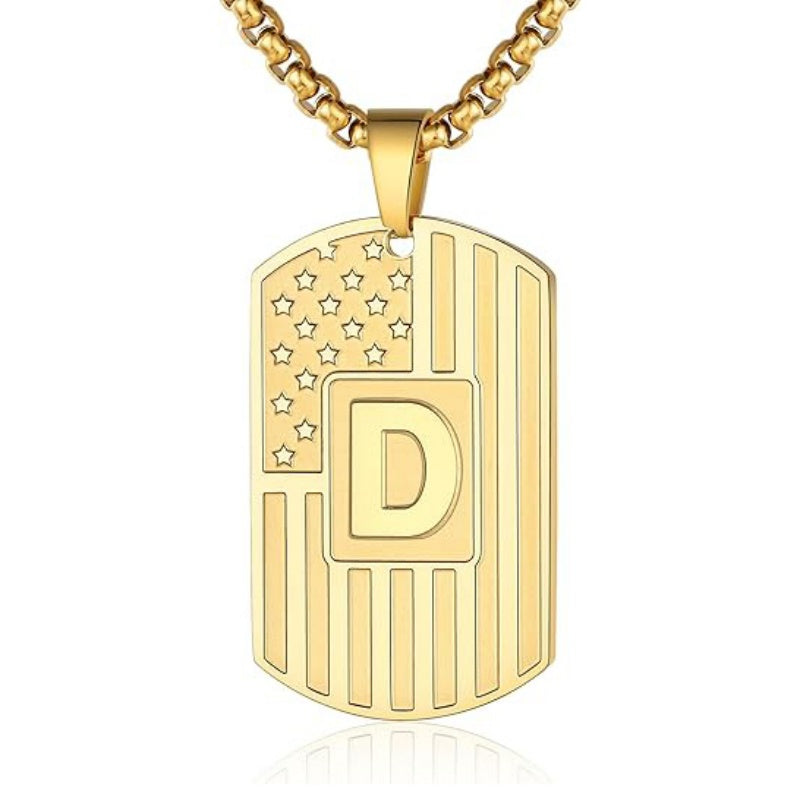 14K Gold Plated Initial A-Z American Flag Dog Tag Necklace for Men
