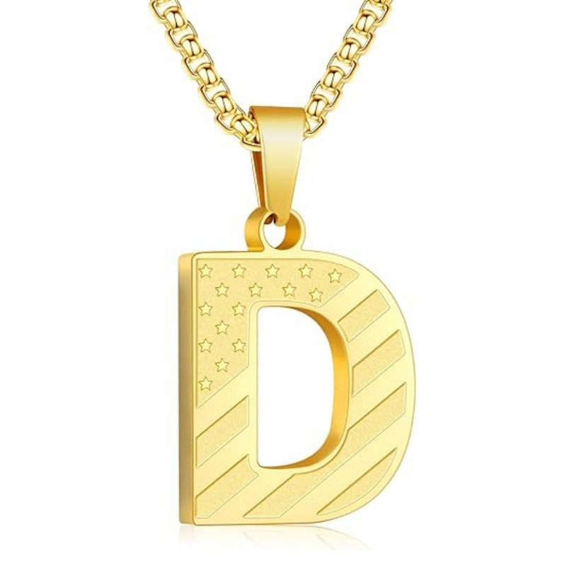14K Gold Plated American Flag Initial Pendant Necklace for Men