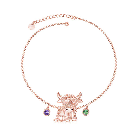 Sterling Silver Birthstone Highland Cow Single Layer Anklet