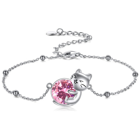 Sterling Silver Cat Birthstone Single Layer Anklet