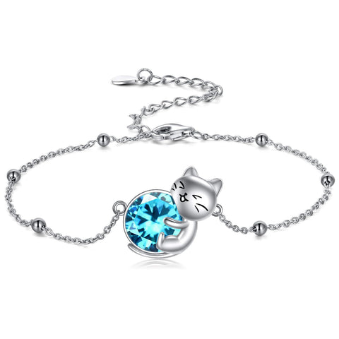 Sterling Silver Cat Birthstone Single Layer Anklet