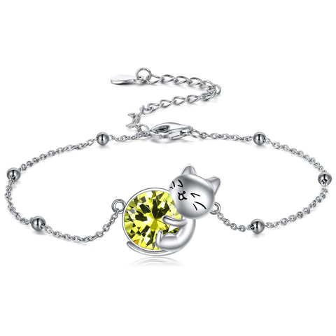 Sterling Silver Cat Birthstone Single Layer Anklet