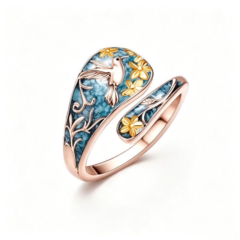 Sterling Silver Turquoise Hummingbird Butterfly Sunflower Adjustable Spoon Ring