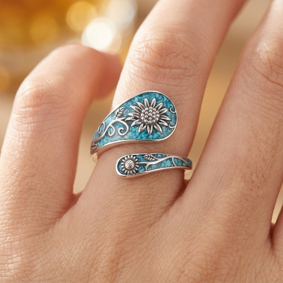 Sterling Silver Turquoise Hummingbird Butterfly Sunflower Adjustable Spoon Ring